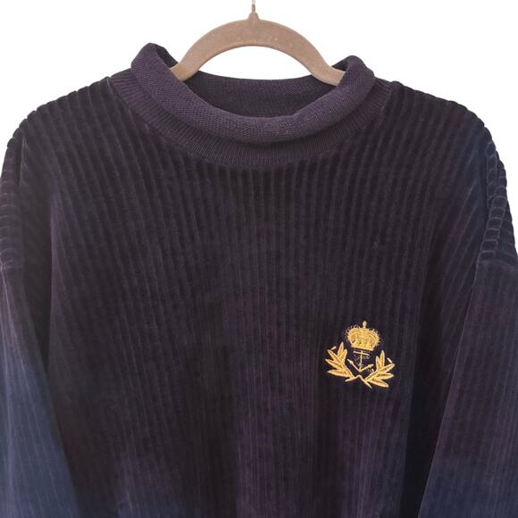 Vintage 90s Neiman Marcus Rolled Neck Velour Sweatshirt Gold Crest Emblem Sz M - Picture 2 of 10